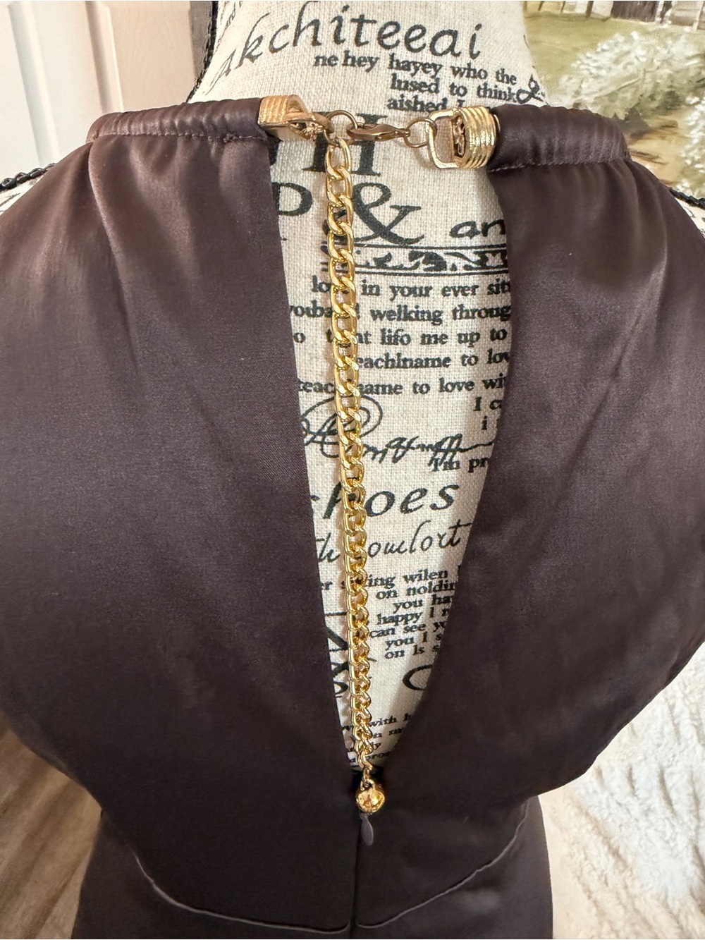 Eliza J Chocolate Brown Chain Strap Pleated Satin Cocktail Dress - Picture 9 of 10